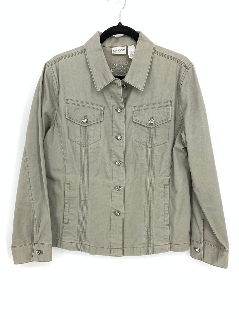 Chicos Jacket Womens 1 US Medium Embroidered Back Button Down Gray Green